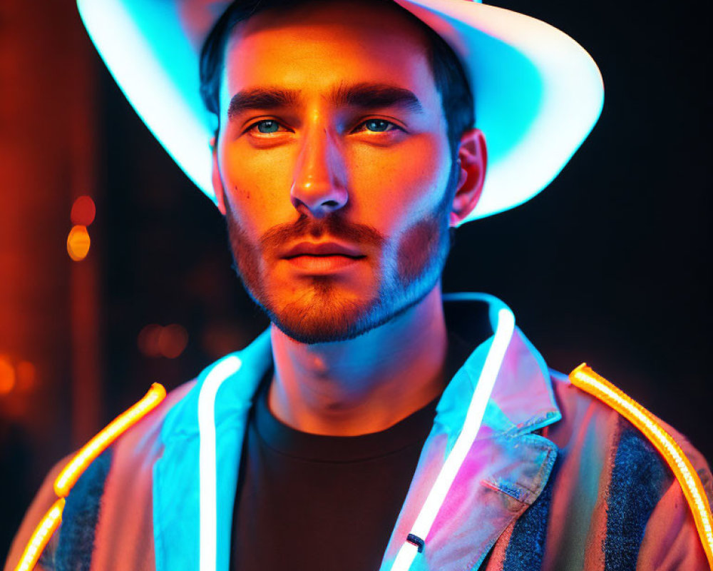 Serious man in white hat with neon trim under blue and orange lights