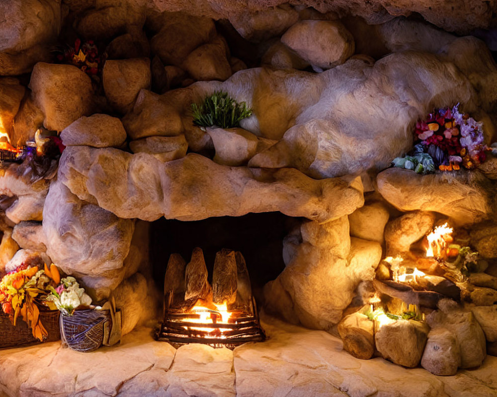 Colorful artificial flowers and fruits in cozy cave-like fireplace