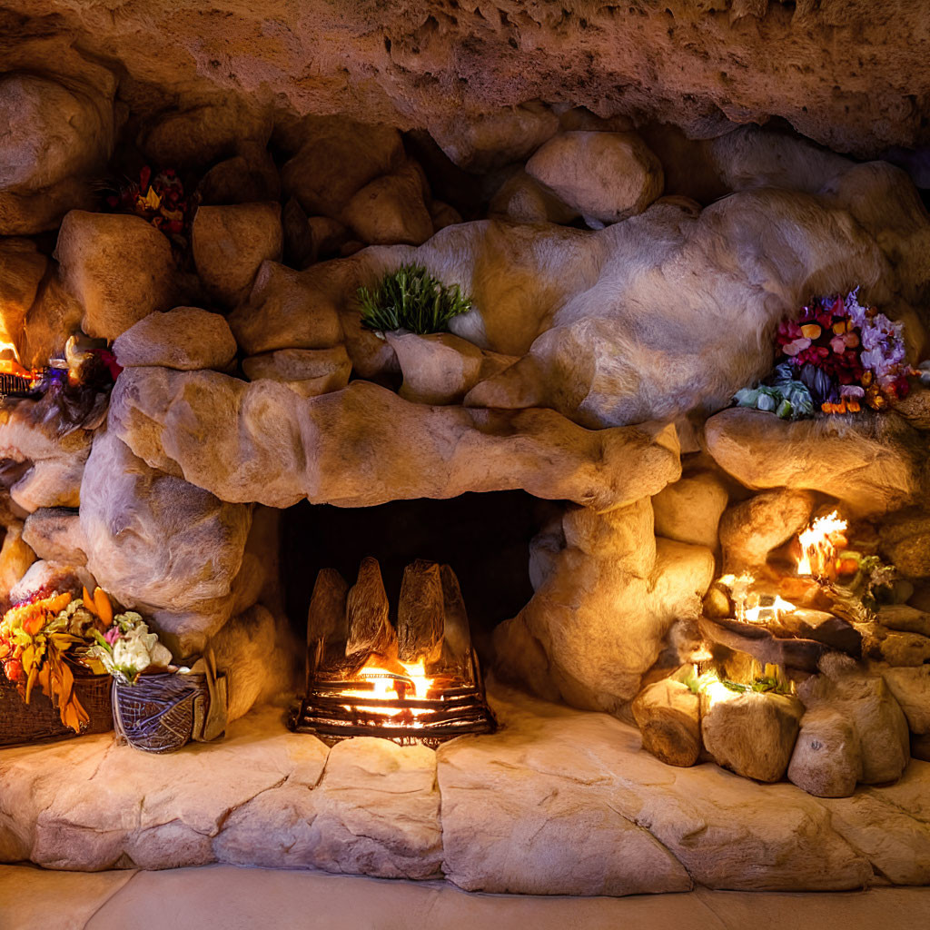 Colorful artificial flowers and fruits in cozy cave-like fireplace