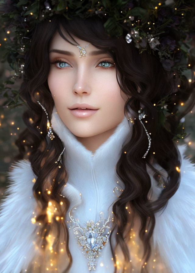 Fantasy portrait of a woman with blue eyes, floral crown, jewelry, and fur garment