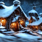 Winter scene: Thatched cottages adorned with Christmas lights in snowy night