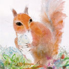Illustrated orange squirrel holding sparkling crystal on whimsical background