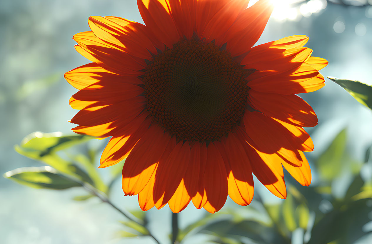 Sunflower against soft bokeh backdrop with translucent orange petals