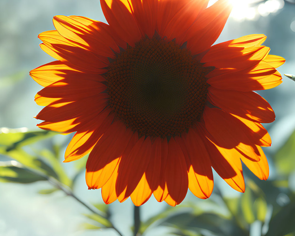 Sunflower against soft bokeh backdrop with translucent orange petals