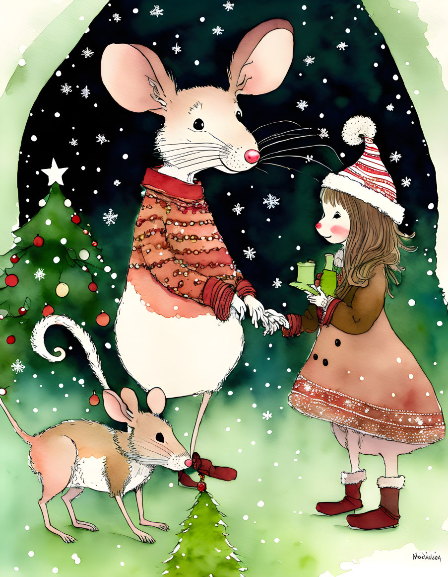 Giant Mouse in Sweater with Girl by Christmas Tree