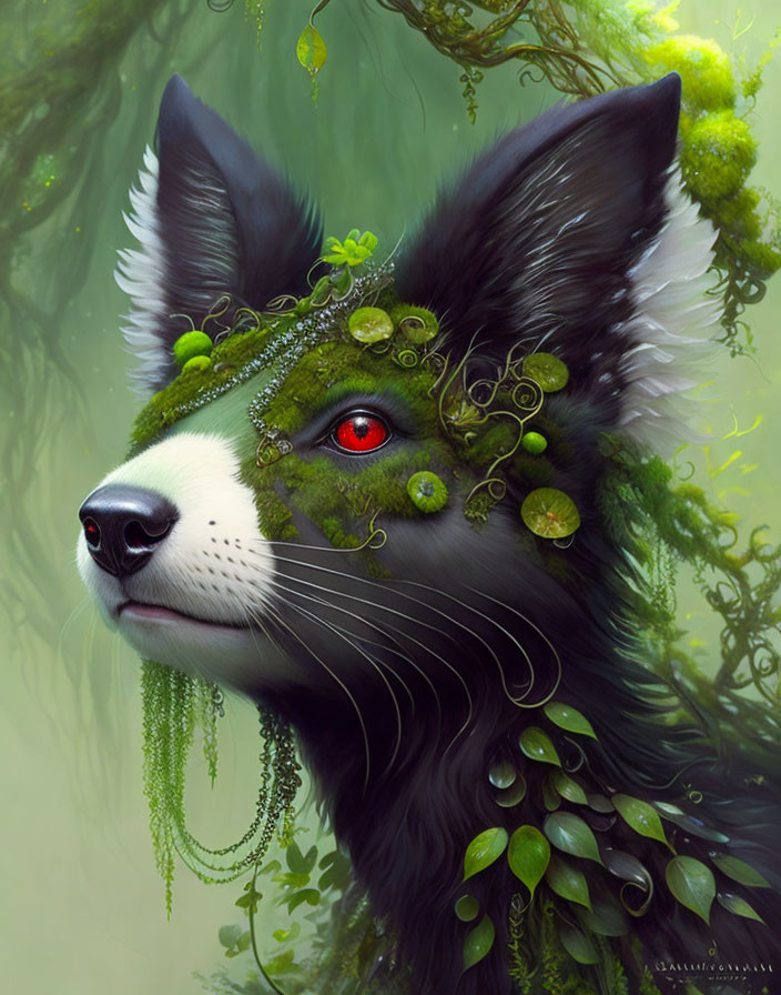 Mystical black and white canine with red eye in lush greenery