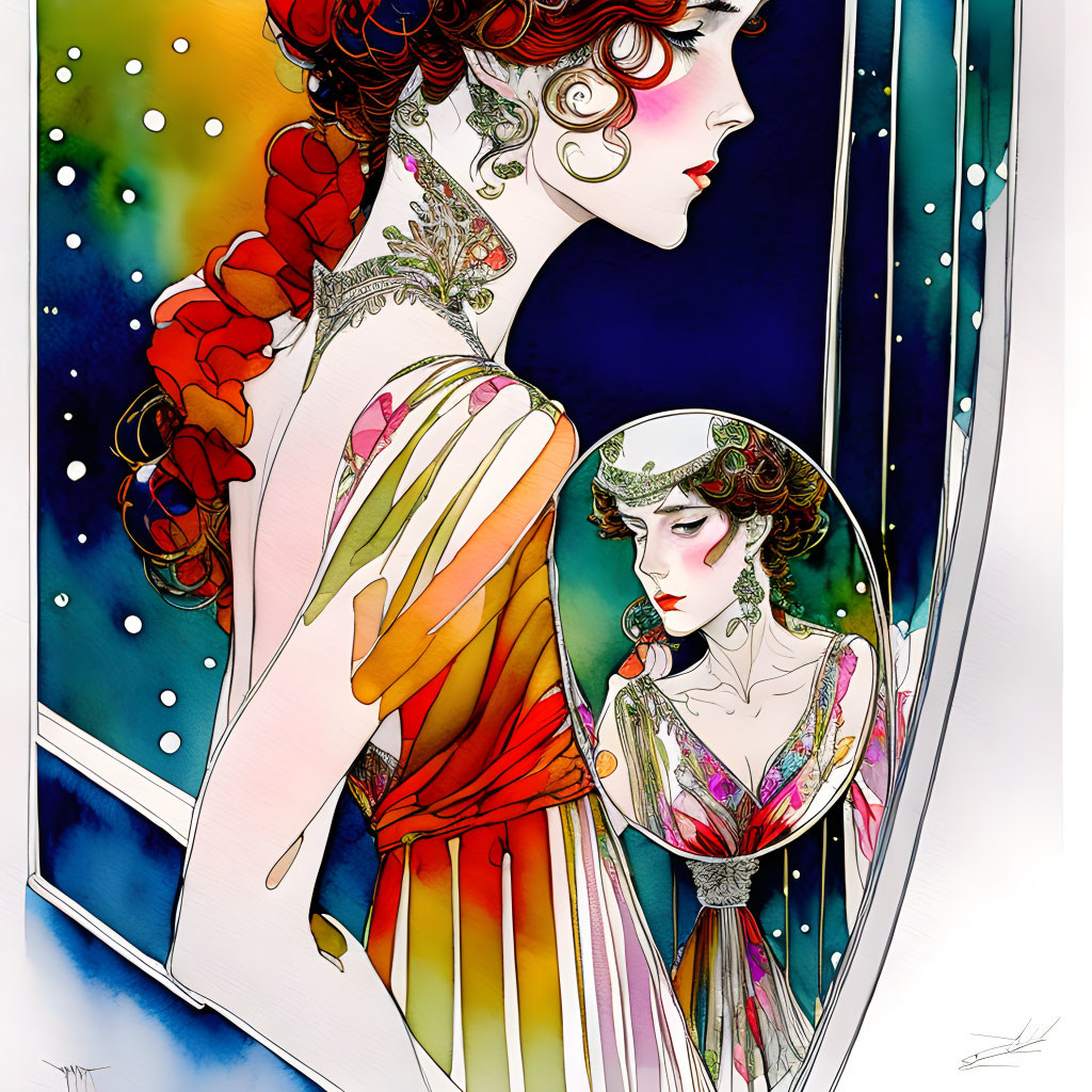 Stylized women in vibrant and delicate attire with artistic lines and colorful dots