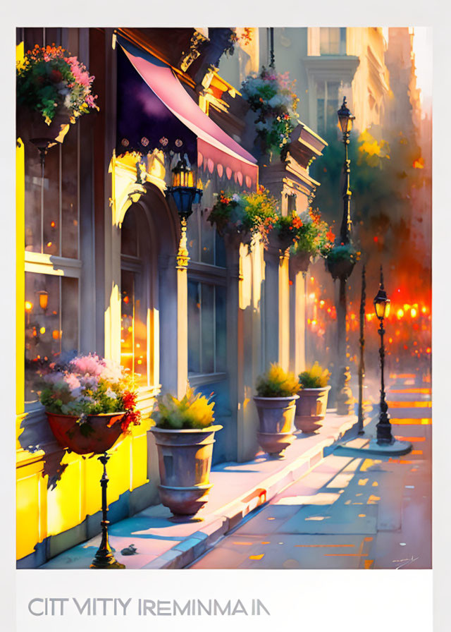 Ornate buildings and glowing street lamps in charming sunset scene