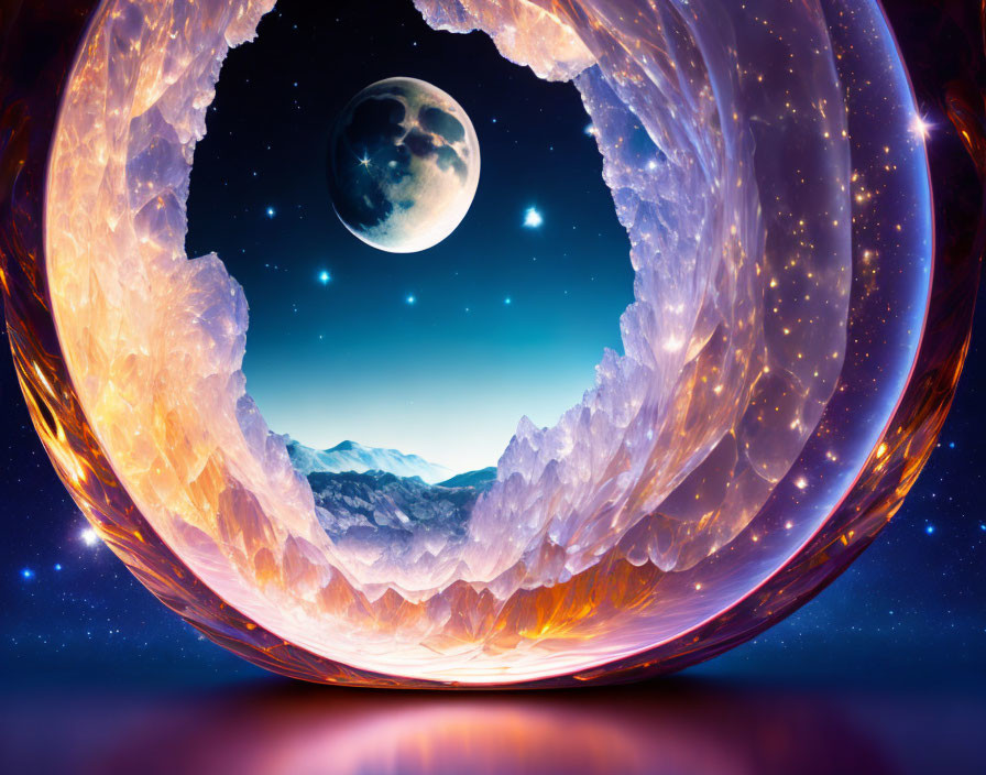 Surreal scene: Crystalline portal to mountain landscape under starry sky