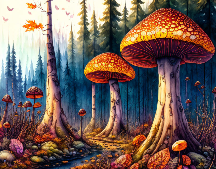 Enchanted forest illustration with oversized mushrooms and autumn colors