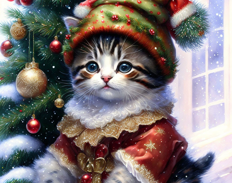 Fluffy kitten with blue eyes in festive attire by Christmas tree