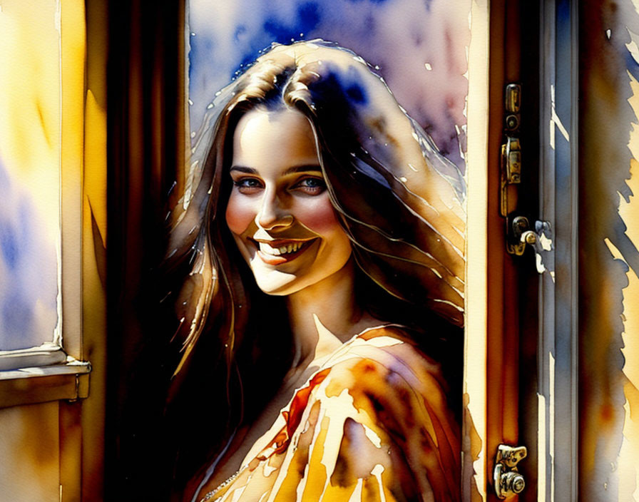 Smiling woman with long hair by window in watercolor