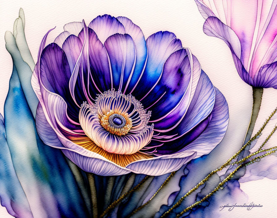 Detailed Watercolor Painting of Purple and White Flower