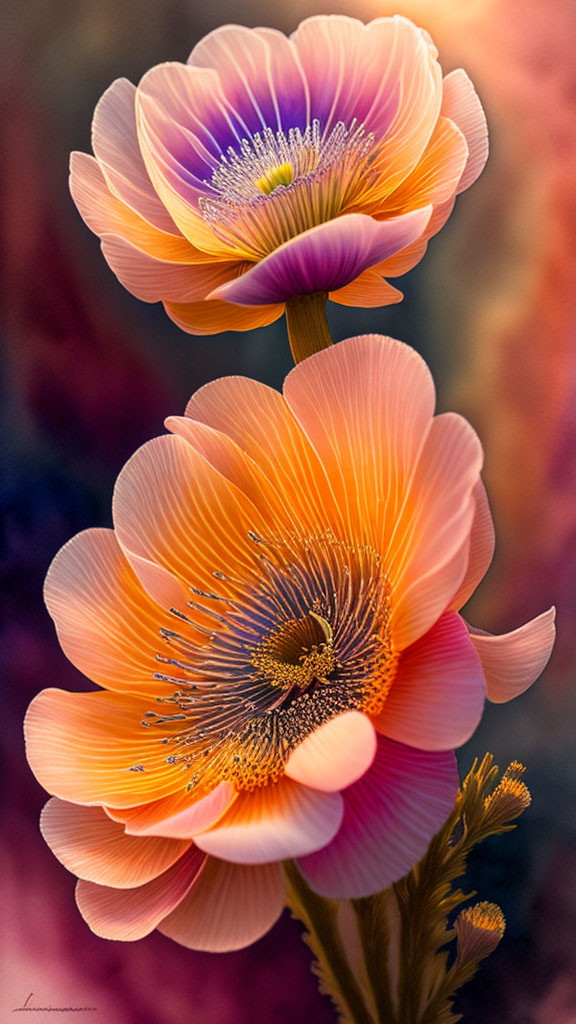 Detailed Orange and Yellow Flowers with Visible Stamens on Blurred Background