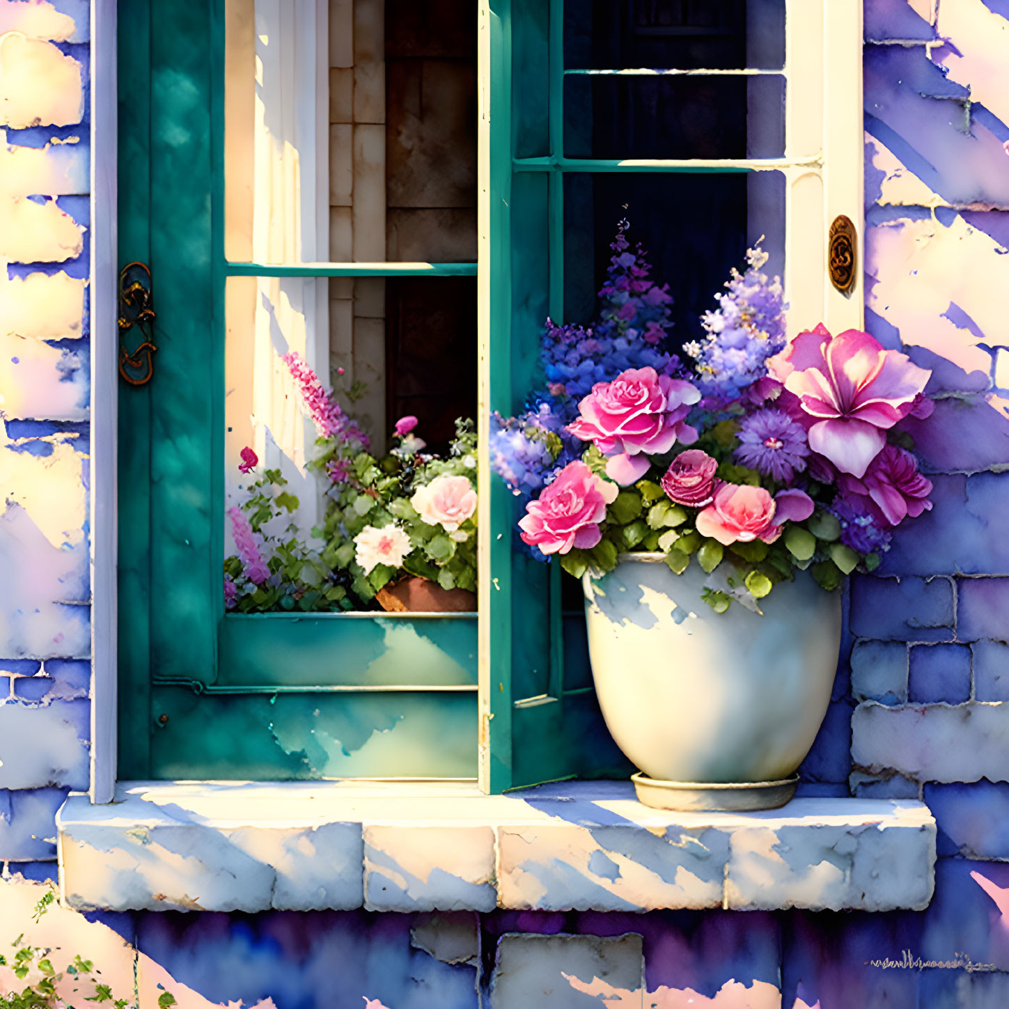 Colorful flowers on teal windowsill against purple brick wall in sunlight