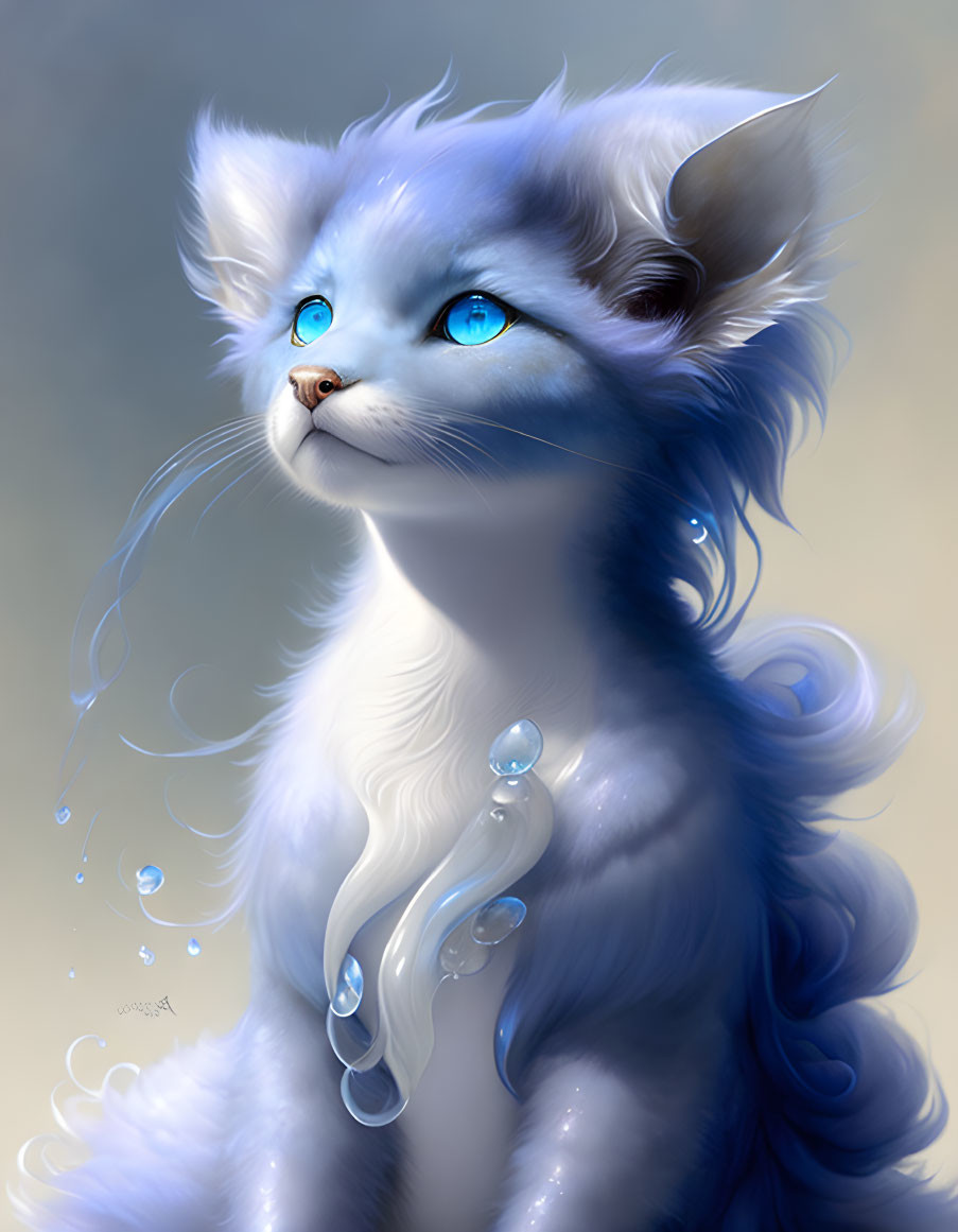 Blue-furred cat with vibrant eyes and watery details