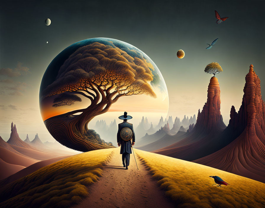 Person with shield walks towards surreal landscape with giant tree, floating islands, and planets.