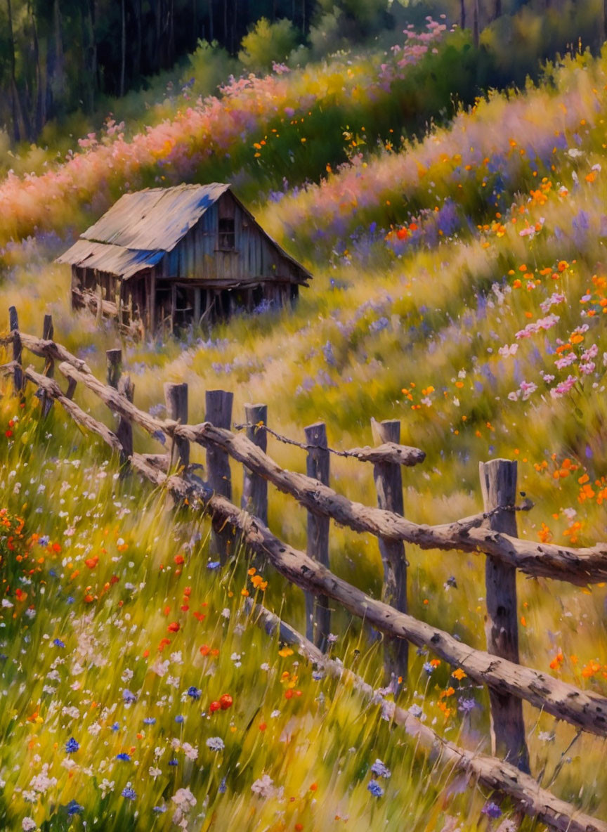 Rustic cabin in vibrant meadow with wildflowers & old wooden fence