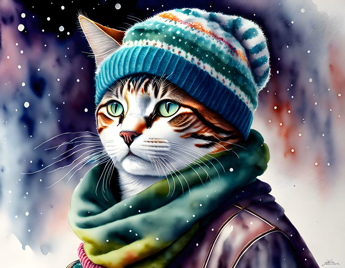 Cat with Green Eyes in Blue and White Hat & Green Scarf on Snowy Background