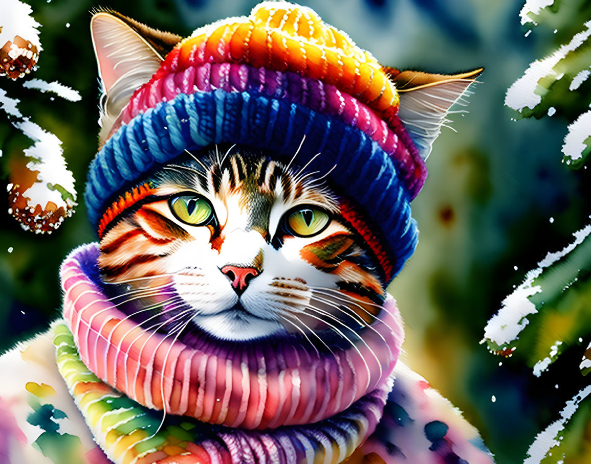 Tabby Cat in Striped Hat and Scarf in Snowy Scene