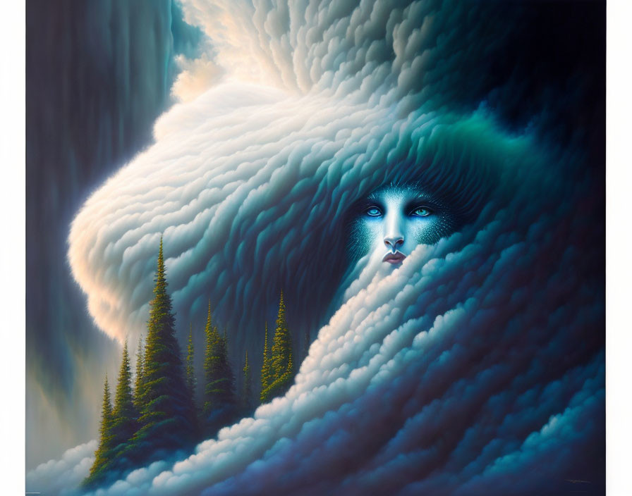 Surreal artwork: Woman's face in swirling clouds above dark forest