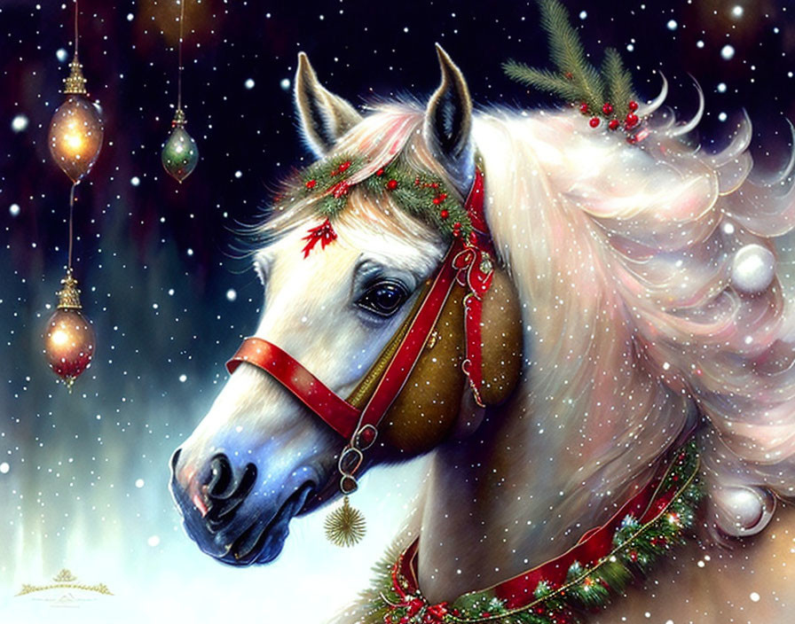 Palomino horse adorned with festive decorations in snowy setting