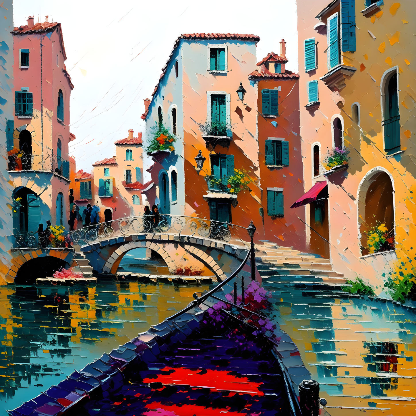 Colorful Canal Scene with Buildings, Bridge, and Water Reflections