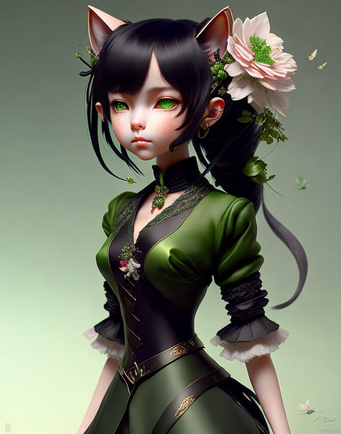 Illustration of female character with cat ears, green eyes, floral accessories, green & black attire.