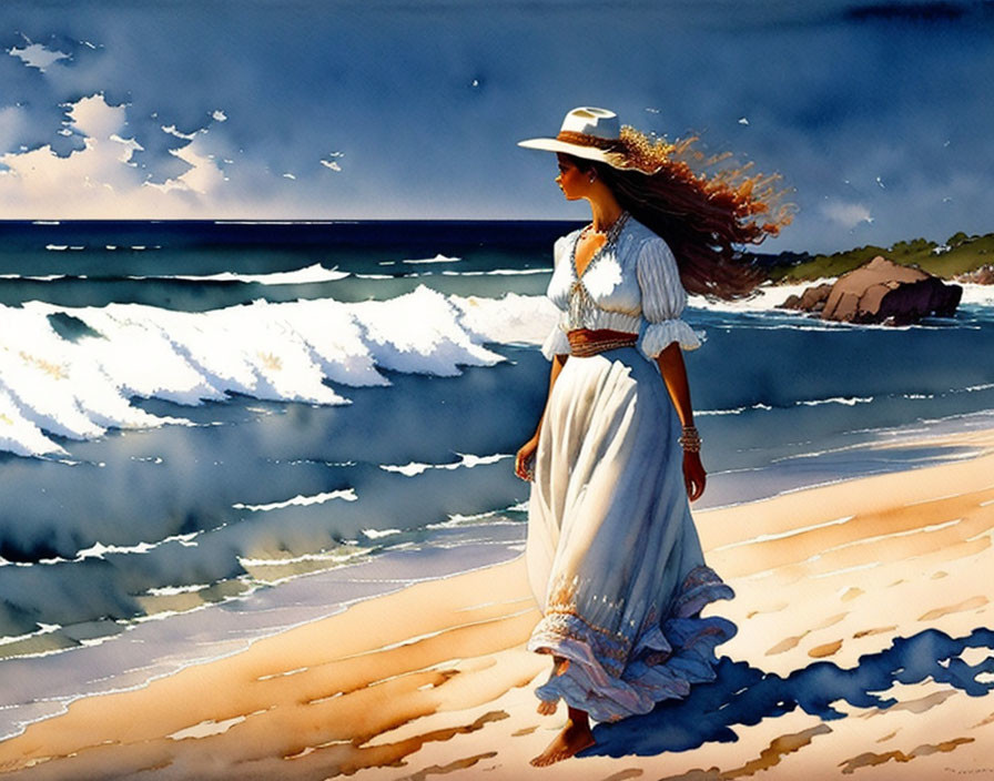 Woman in white dress and hat on beach with crashing waves and rocks under blue sky