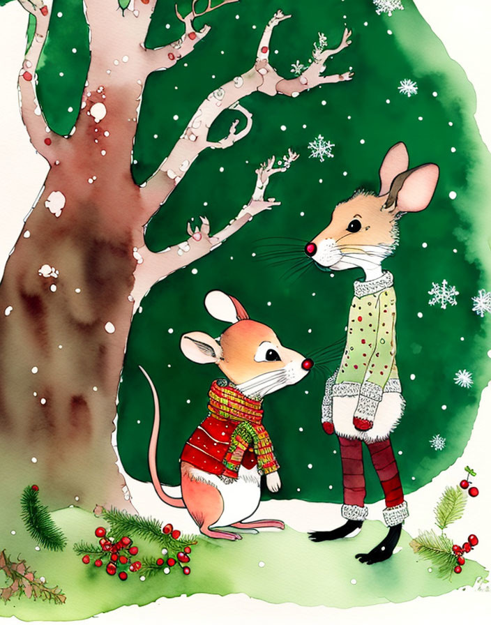 Cartoon mice in winter attire under snowfall near green tree with red berries.