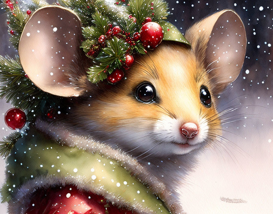 Festive winter-themed mouse illustration with Christmas wreath in snowfall