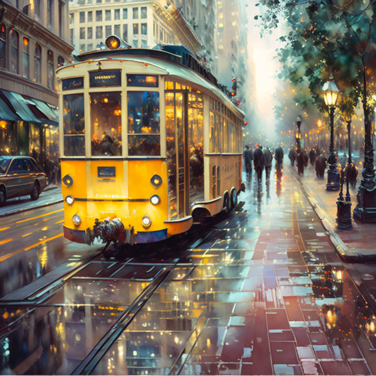 Vintage yellow streetcar on rain-slicked tracks in bustling city avenue at dusk