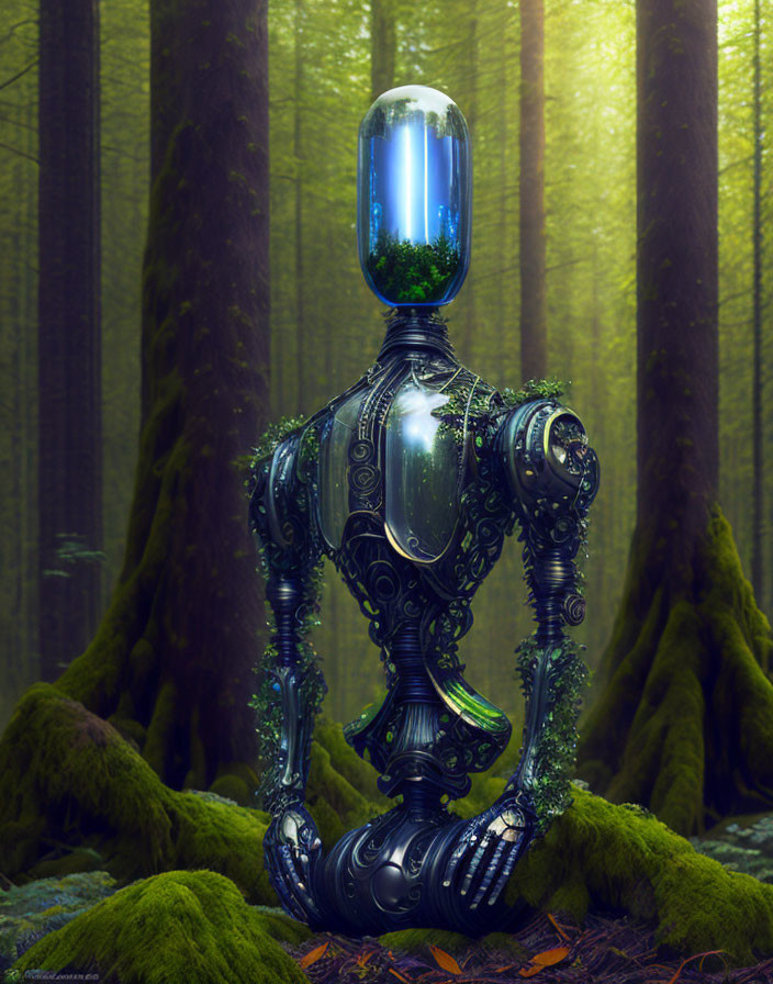 Metallic robot with ornate designs blending technology with nature in a forest