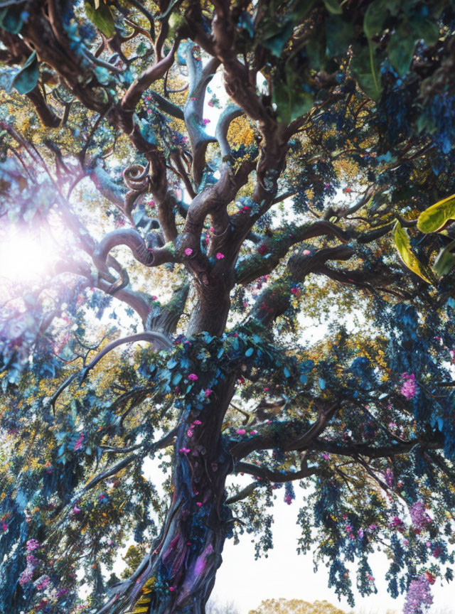 Colorful blossomed tree with twisted branches against bright sky