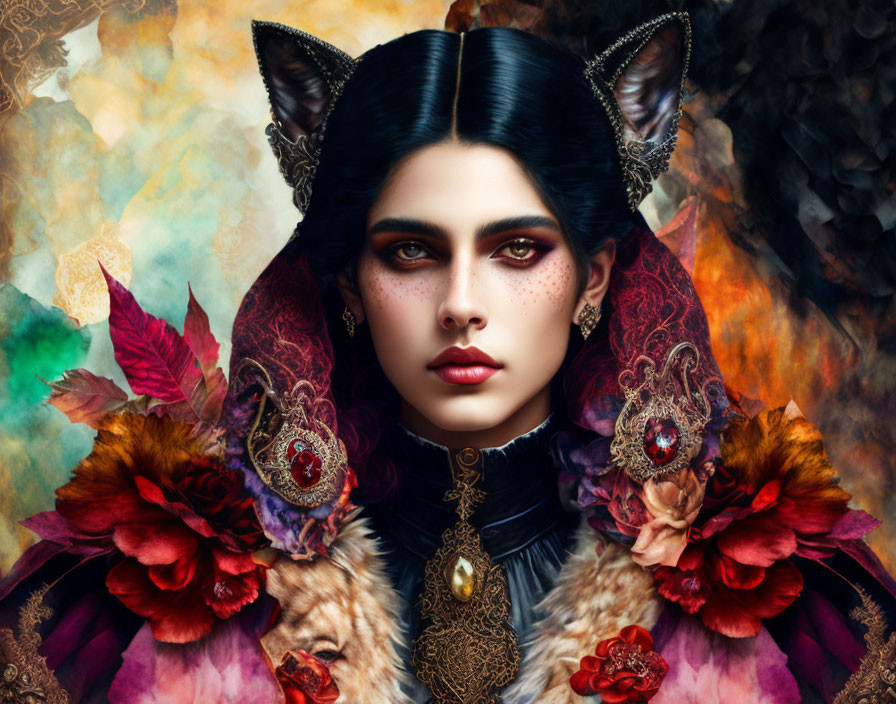 Fantasy portrait of woman with feline ears and green eyes in floral cloak