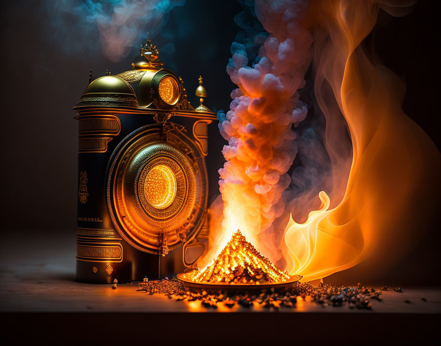 Black and Gold Incense Burner with Smoke and Amber-Colored Coals