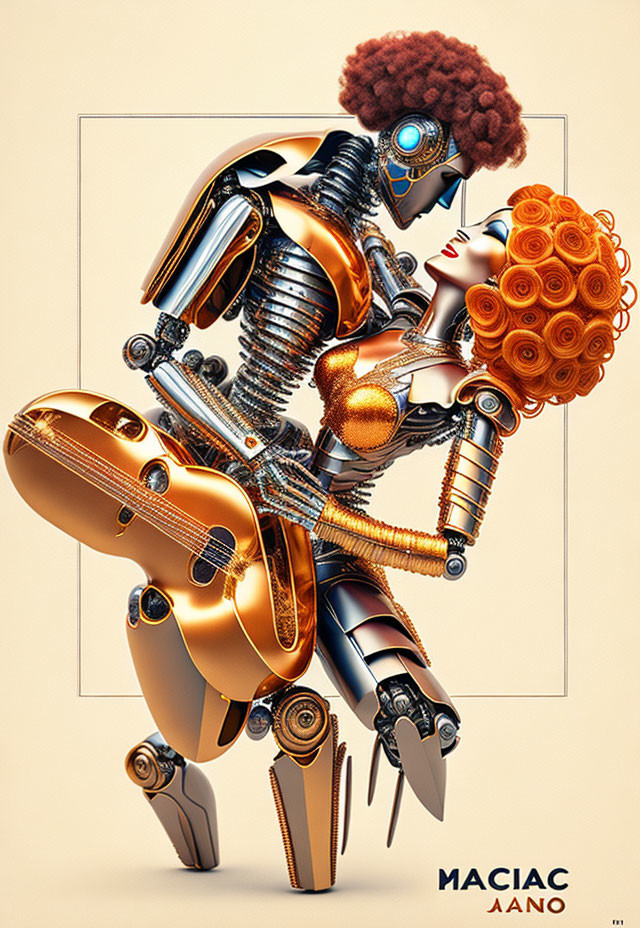 Stylized robots embrace with intricate metal components