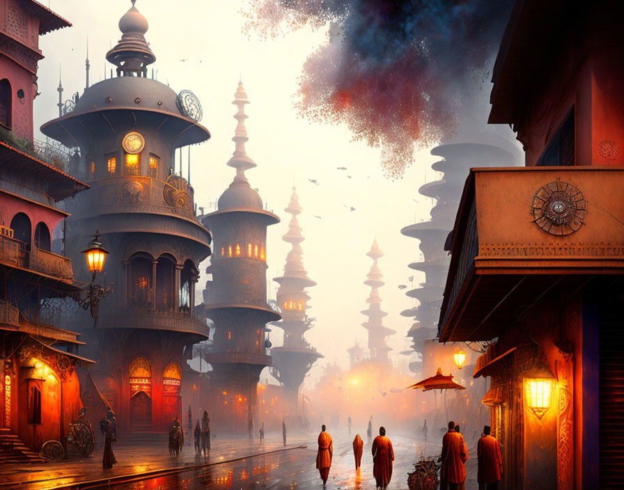 Bustling street at dusk with Eastern architecture and glowing lanterns