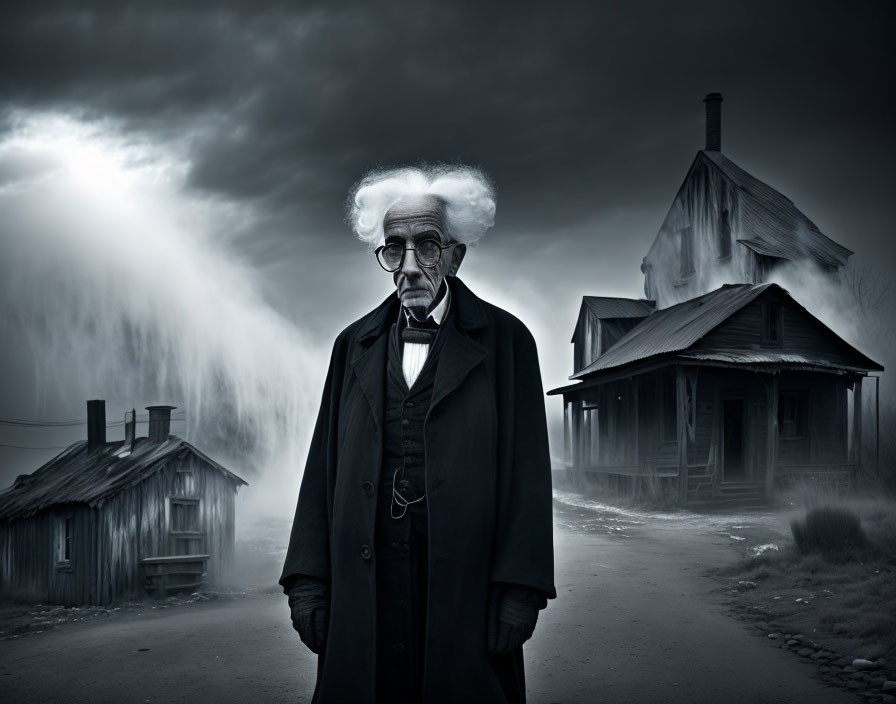 Elderly man with white hair and glasses in foggy village with wooden houses