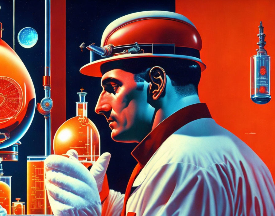 Retro-futuristic scientist in red hat and lab coat with glass flask