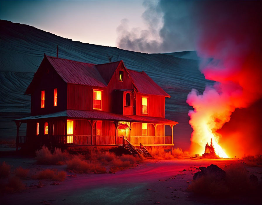 Twilight scene: red-lit house near fiery explosion against dark hills