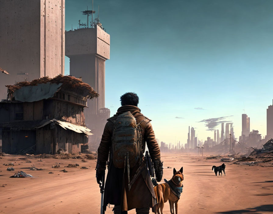 Man and dog overlooking deserted city with skyscrapers under hazy sky