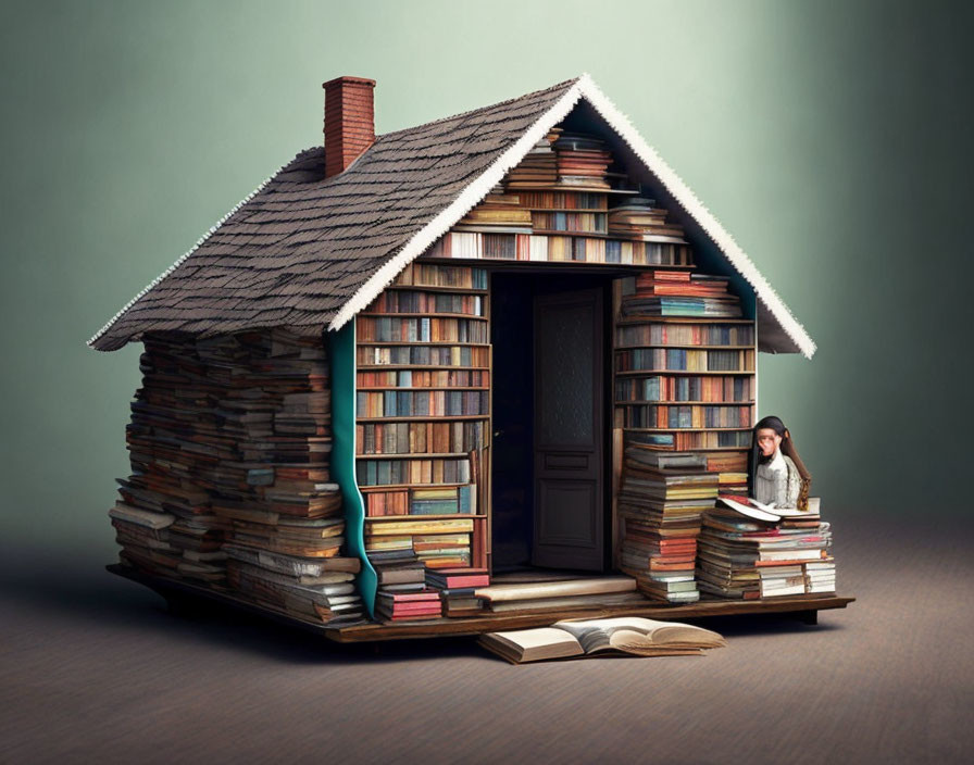 Colorful Book House Illustration with Person Peering Out