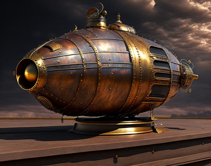 Steampunk-style submarine with brass and copper detailing on wooden platform against cloudy sky