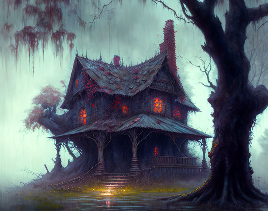 Eerie Gothic-style treehouse with red glowing windows in misty forest