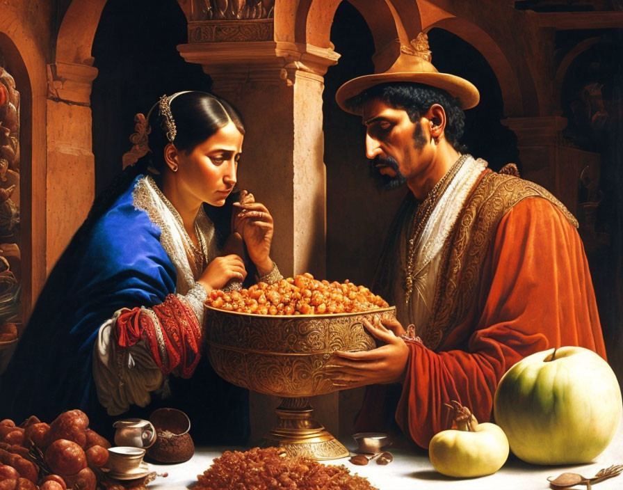 Woman in blue garment gazes at man with coins in classical setting