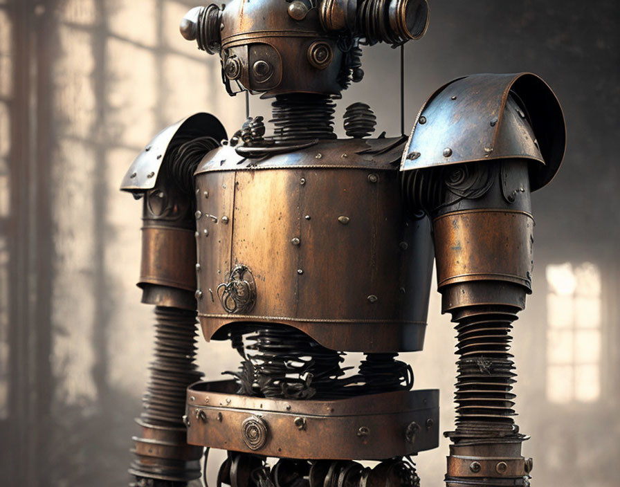 Intricately designed steampunk robot in metal armor, in dim foggy setting