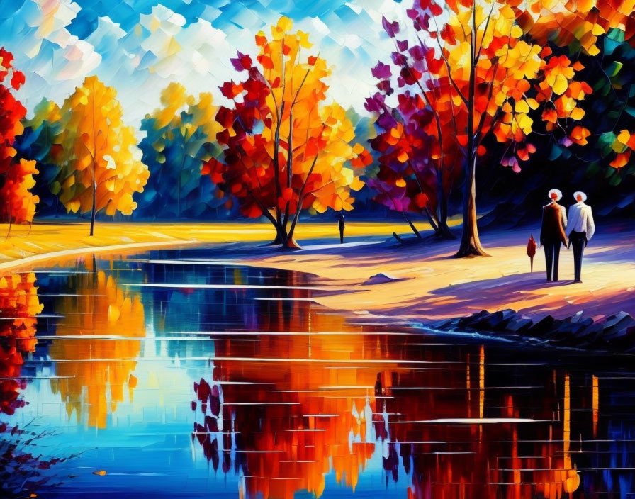 Colorful Painting of Couple by Autumn Lake