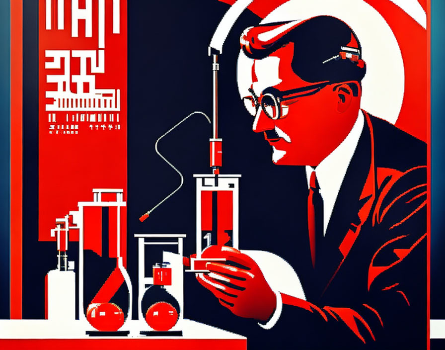 Red, White, and Blue Propaganda Poster with Man Conducting Chemical Experiment