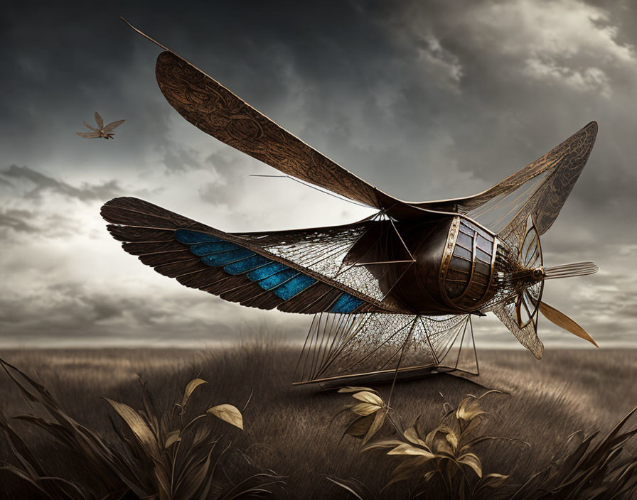 Steampunk-style mechanical dragonfly with blue wings in field with real dragonfly